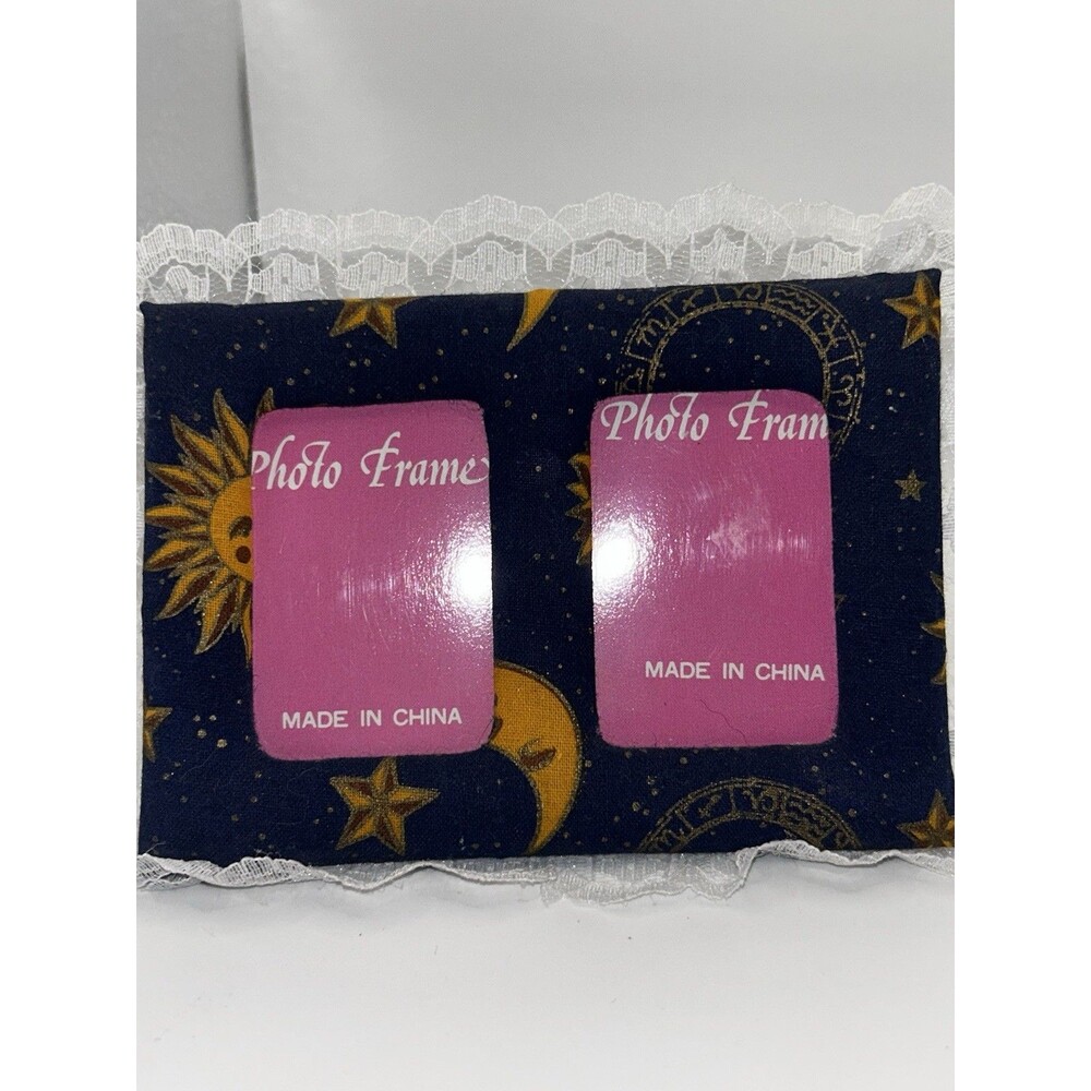 Vintage Celestial Sun Moon Stars Double Photo Frame Lace Trim Cottagecore Boho